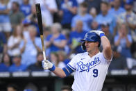 Kansas City Royals' Vinnie Pasquantino comes to the plate for his first at-bat in the majors, during the second inning of the team's baseball game against the Texas Rangers, Tuesday, June 28, 2022, in Kansas City, Mo. He hit into a double play. (AP Photo/Reed Hoffmann)