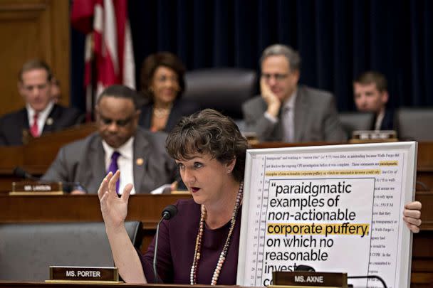 PHOTO: Rep. Katie Porter questions Tim Sloan, president and chief executive officer of Wells Fargo & Co. during a House Financial Services Committee hearing at the U.S. Capitol in Washington, March 12, 2019. (Bloomberg via Getty Images)