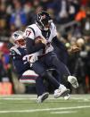 <p>Logan Ryan #26 of the New England Patriots sacks Brock Osweiler #17 of the Houston Texans in the first half during the AFC Divisional Playoff Game at Gillette Stadium on January 14, 2017 in Foxboro, Massachusetts. (Photo by Maddie Meyer/Getty Images) </p>