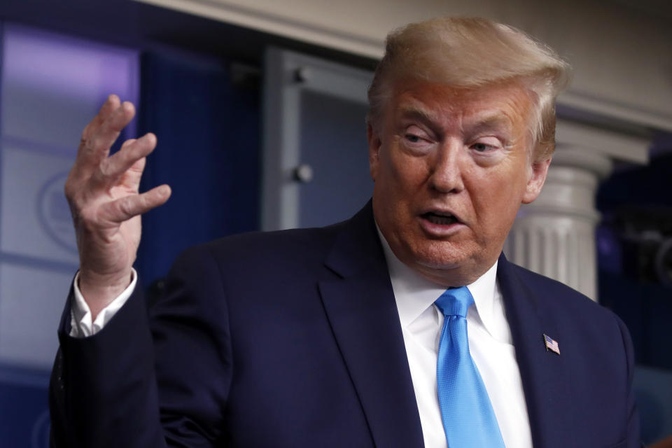 President Donald Trump speaks about the coronavirus in the James Brady Press Briefing Room of the White House, Tuesday, April 7, 2020, in Washington. (AP Photo/Alex Brandon)