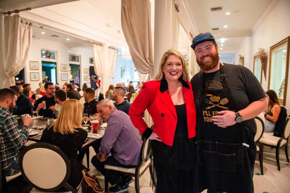 White Pillars owners Tresse Sumrall and Austin Sumrall pose for a photo inside the dining room of White Pillars before the start of drag brunch in Gulfport on Sunday, Dec. 19, 2021. Tresse says that drag brunch, as well as the other events that they do, have made a big impact on the success of White Pillars.