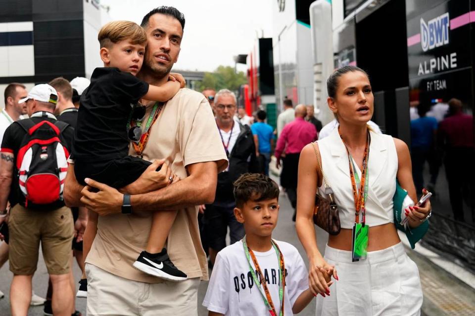 FC Barcelona player Sergio Busquets with his family during the qualifying round ahead of the F1 Grand Prix of Spain at Circuit de Barcelona-Catalunya on June 3, 2023 in Barcelona, Spain. (Photo by Bagu Blanco / pressinphoto / Sipa USA))