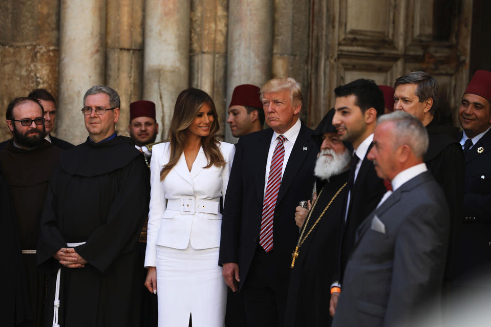 <p>U.S. President Donald Trump and First Lady Melania Trump visit the Church of the Holy Sepulchre in Jerusalem’s Old City on May 22, 2017. (Photo: Ronen Zvulun/AFP/Getty Images) </p>