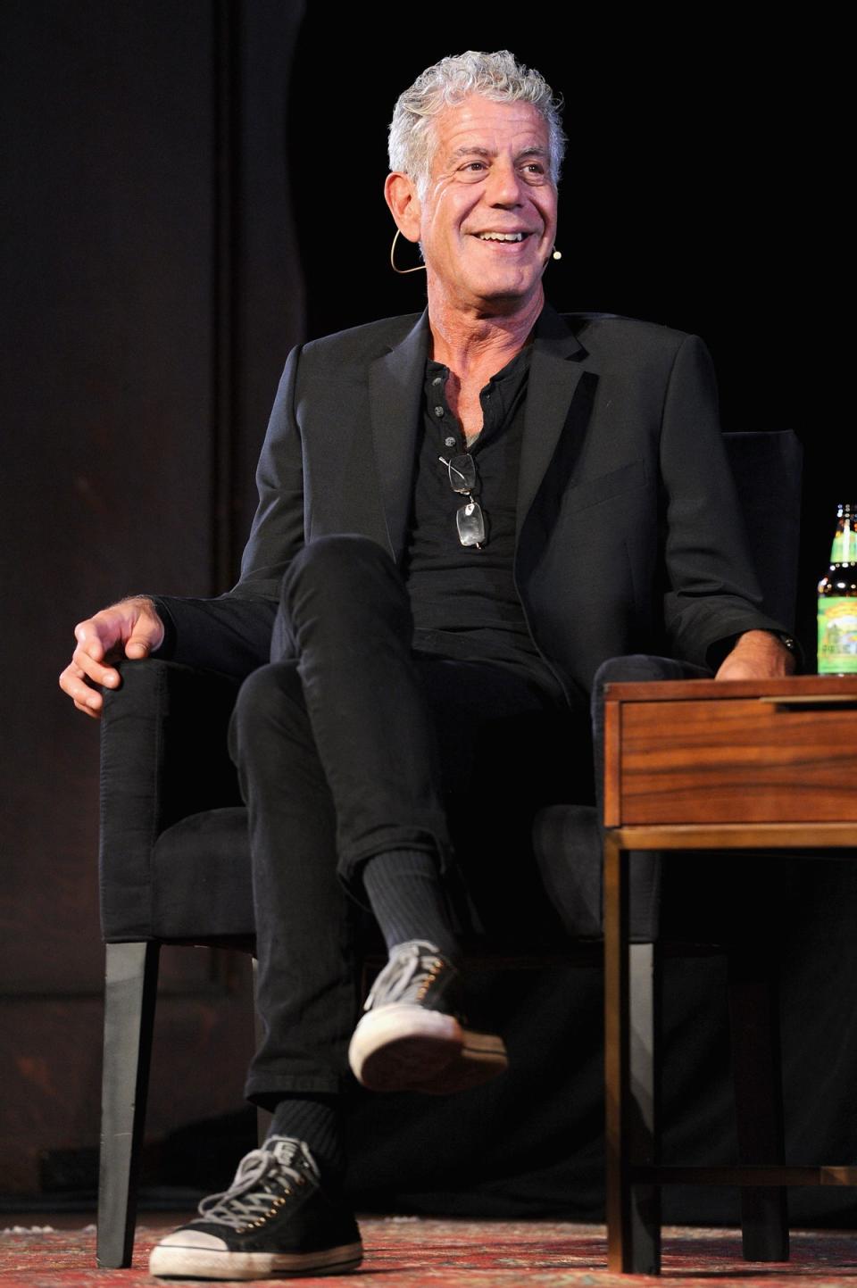 Chef Anthony Bourdain speaks onstage during a panel with Patrick Radden Keefe at the New York Society for Ethical Culture on 7 October 2017 in New York City (Craig Barritt/Getty Images for The New Yorker)