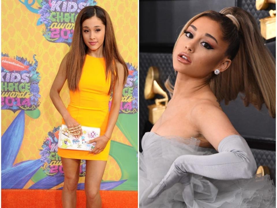 Ariana Grande in 2014 at the Kids' Choice Awards, and in 2020 at the Grammys.