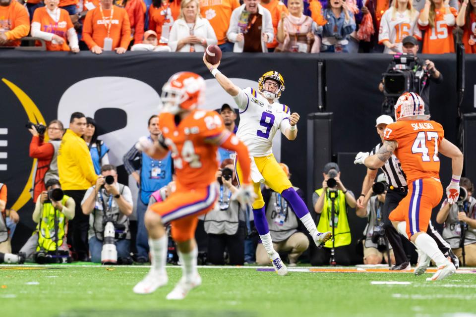 Then-LSU quarterback Joe Burrow (9) throws a pass as the LSU Tigers take on the Clemson Tigers in the 2020 College Football Playoff National Championship Jan. 13.