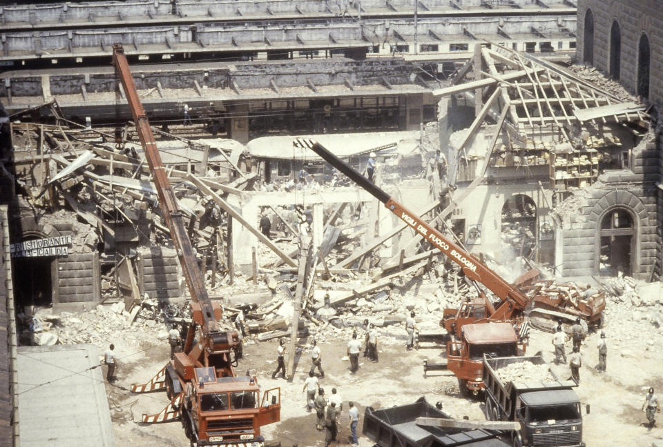 FILE- This is the scene at the Bologna train station where 79 died following a terrorist bomb blast, Aug. 2, 1980. When Giorgia Meloni was running to become Italy’s first far-right head of government since the demise of the country's fascist dictatorship, she steeped her campaign in ideological touchpoints like national sovereignty and “traditional families.” (AP Photo, File)