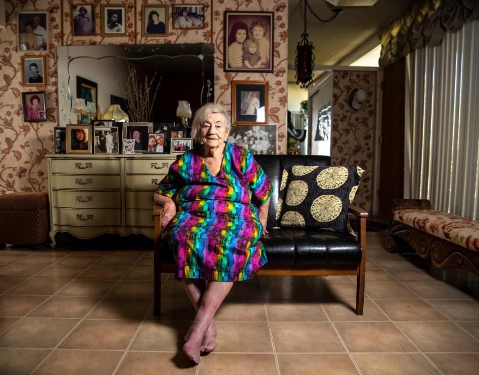 Holocaust survivor Goldie Jacoby poses for a photo in her home in Palm Springs on July 13, 2023.