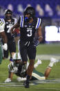 Duke wide receiver Jontavis Robertson (1) runs with the ball during the first quarter against Charlotte in an NCAA college football game Saturday, Oct. 31, 2020, in Durham, N.C. (Jaylynn Nash/Pool Photo via AP)