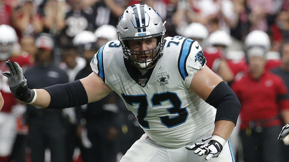 FILE - In this Sunday, Sept. 22, 2019 file photo, Carolina Panthers offensive guard Greg Van Roten (73) lines up against the Arizona Cardinals during the first half of an NFL football game in Glendale, Ariz. Two people with direct knowledge of the deal told The Associated Press on Saturday March 21, 2020 that the Jets and former Carolina Panthers guard Greg Van Roten agreed to terms on a three-year contract. The people spoke to The Associated Press on condition of anonymity because teams can't announce deals until they are officially signed, per NFL rules. (AP Photo/Rick Scuteri, File)