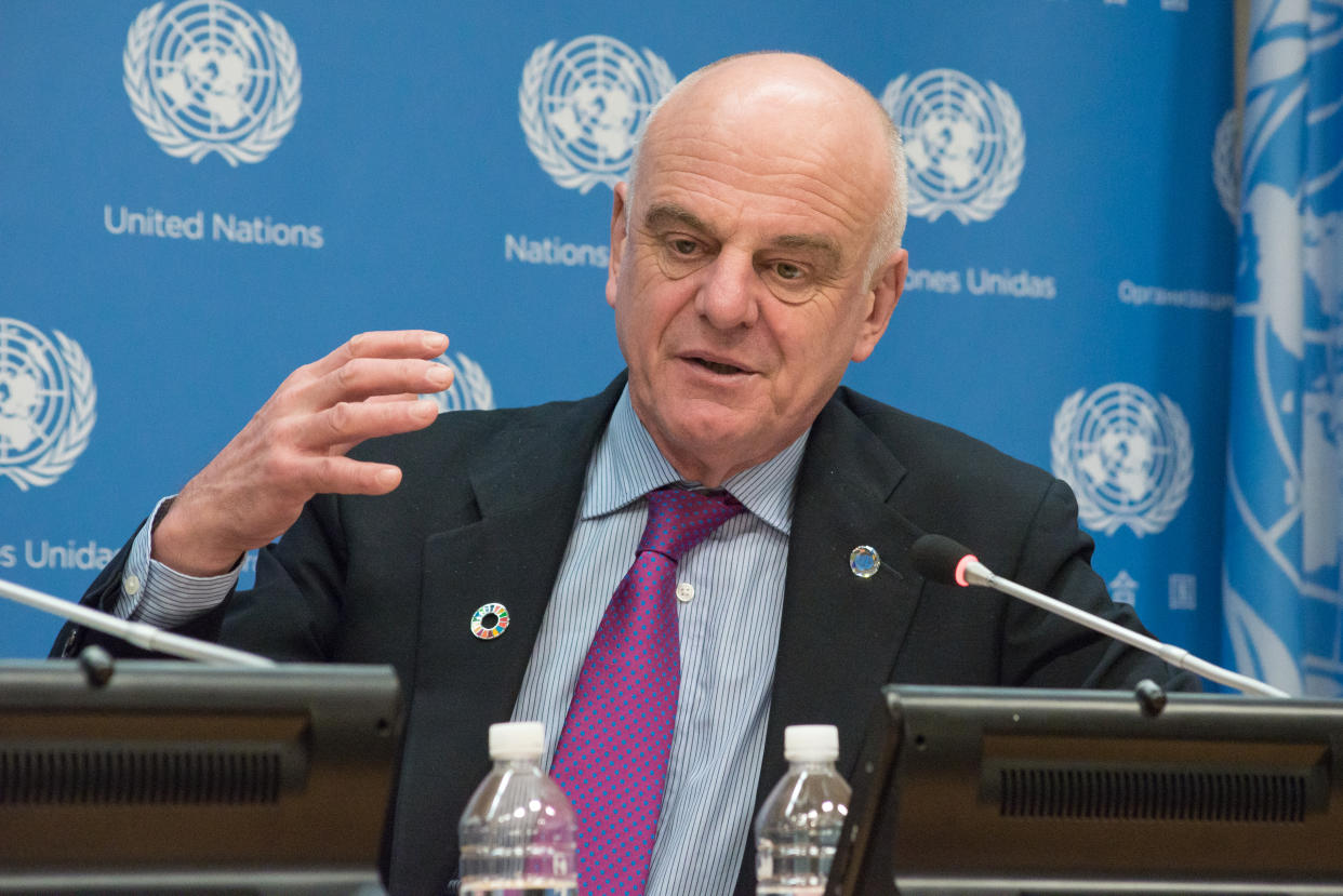 UN HEADQUARTERS, NEW YORK, NY, UNITED STATES - 2016/04/19: David Nabarro responds to a member of the press. Selwin Hart, Director of the Secretary-General's Climate Change Support Team, and Dr. David Nabarro, Special Adviser on 2030 Agenda for Sustainable Development, held a press conference at UN Headquarters to discuss the upcoming Global Climate Agreement Signing Ceremony (April 22) and to detail the mechanisms of its implementation. (Photo by Albin Lohr-Jones/Pacific Press/LightRocket via Getty Images)