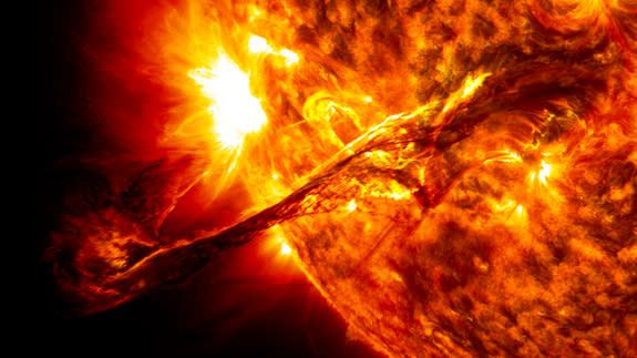 On Aug. 31, 2012, a giant prominence on the sun erupted, sending out particles and a shock wave that traveled near Earth. This event may have been one of the causes of a third radiation belt that appeared around Earth a few days later, a phenom