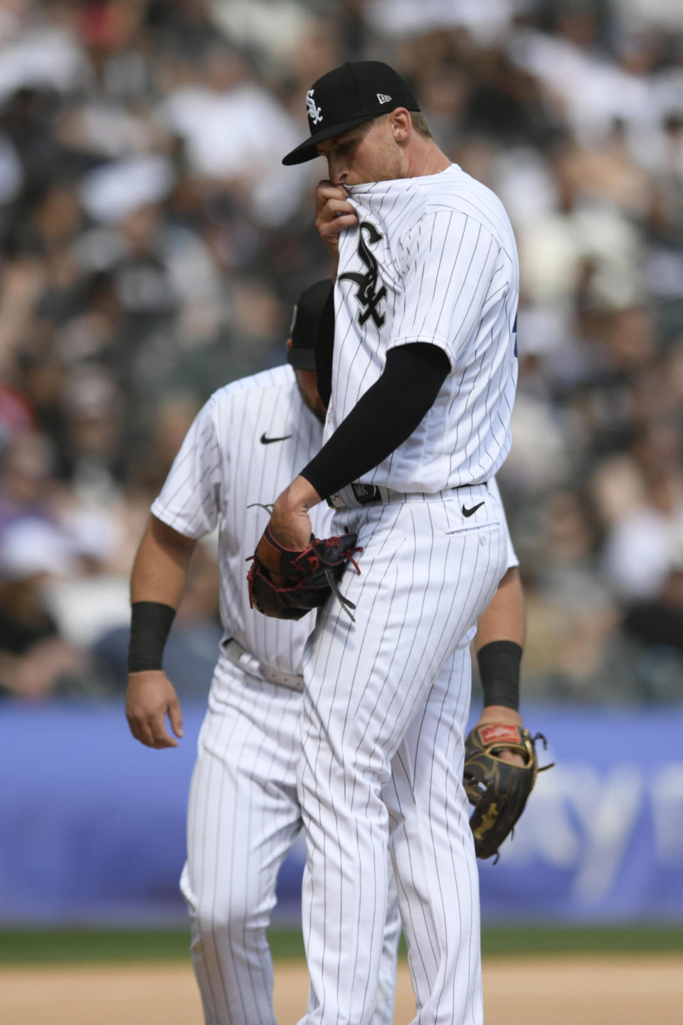 Chicago White Sox starting pitcher Michael Kopech reacts while being pulled during the sixth inning of MLB baseball game against the Baltimore Orioles, Saturday, April 15, 2023, in Chicago. Chicago won 7-6 in 10 innings. (AP Photo/Paul Beaty)
