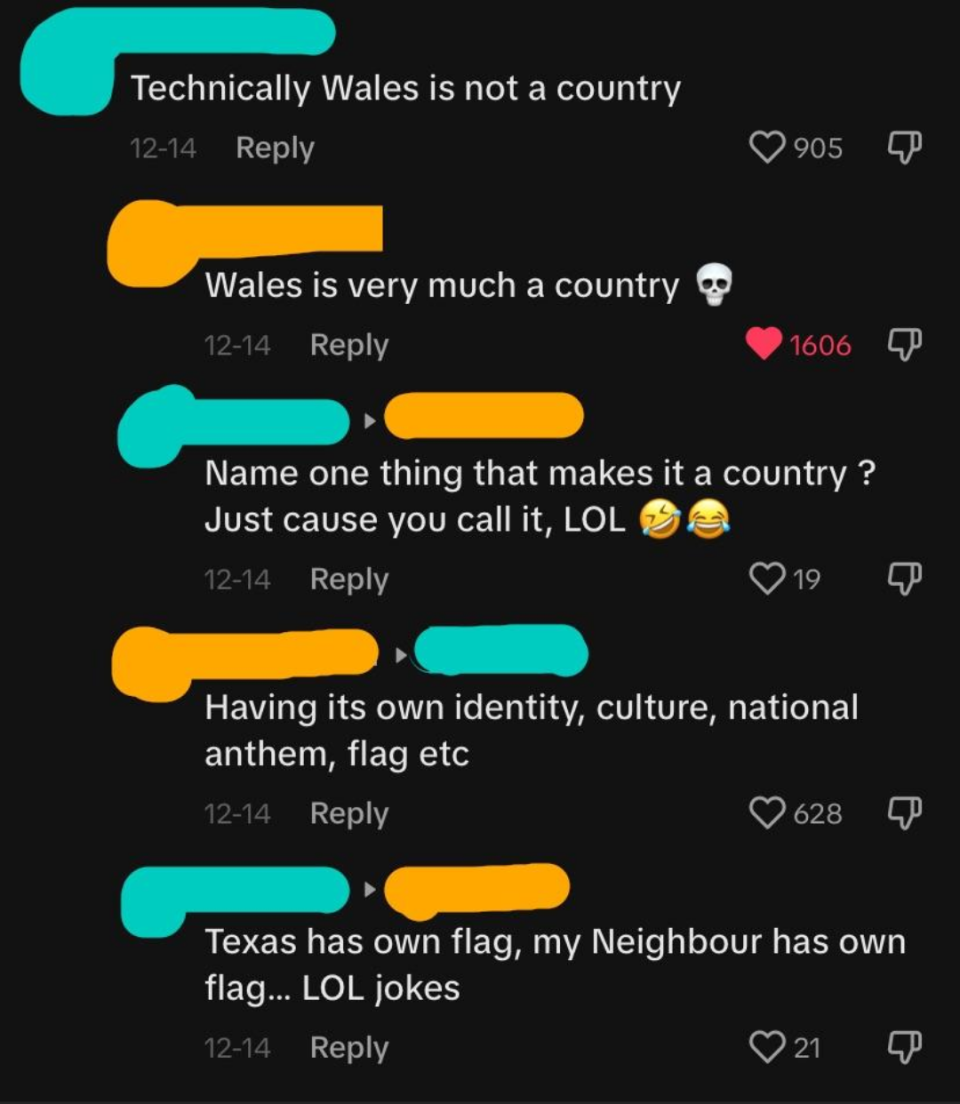 Text exchange: "Technically Wales is not a country," "Wales is very much a country," "Name one thing that makes it a country?" "Having its own identify, culture, national anthem, flag," and "Texas has own flag, my neighbor has own flag"