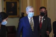 Senate Majority Leader Mitch McConnell of Ky., walks back to his office on Capitol Hill in Washington, Monday, Aug. 3, 2020. (AP Photo/Susan Walsh)