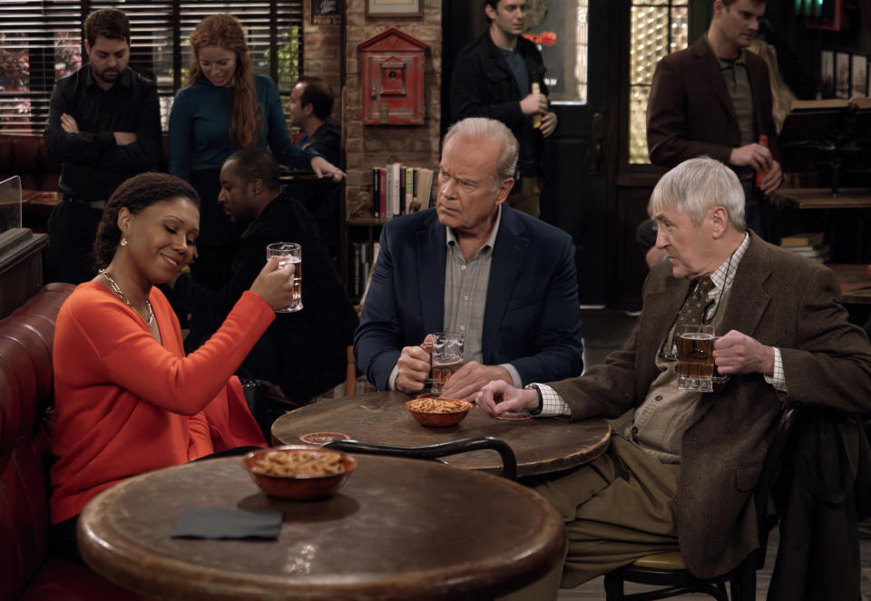 Nicholas Lyndhurst as Frasier’s old college buddy turned university professor Alan; Toks Olagundoye as Olivia and Kelsey Grammer as Frasier Crane (Sarah Coulter/Paramount+)