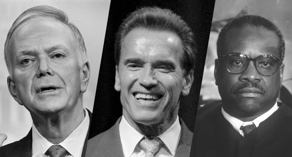 Sen. Bob Packwood, Arnold Schwarzenegger and Clarence Thomas. (Photos: Getty Images)