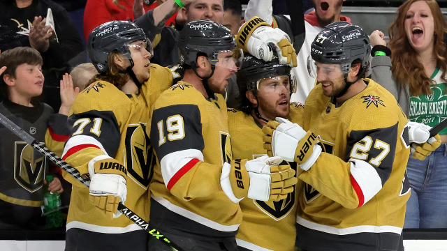 William Karlsson #71, Reilly Smith #19, Jonathan Marchessault #81 and Shea Theodore #27 were all part of the Golden Knights team that went all the way to the Stanley Cup Final in the franchise&#39;s inaugural season. (Photo by Ethan Miller/Getty Images)