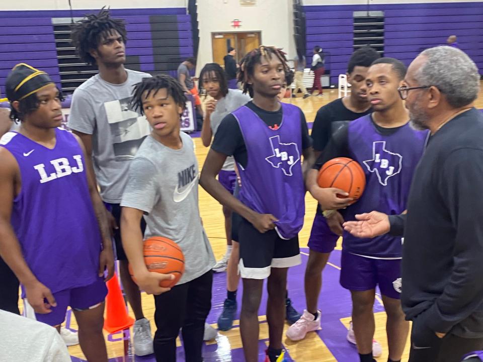 LBJ coach Freddie Roland, speaking to his team after practice Tuesday, said his greatest accomplishment has been molding his players to become successful after they graduate. At 76, he plans to coach at least another year.