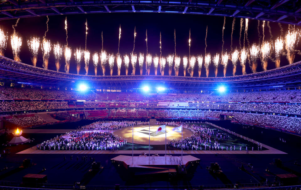 <p>Fireworks erupt above the stadium during the Closing Ceremony of the Tokyo 2020 Olympic Games at Olympic Stadium on August 08, 2021 in Tokyo, Japan. (Photo by Alexander Hassenstein/Getty Images)</p> 