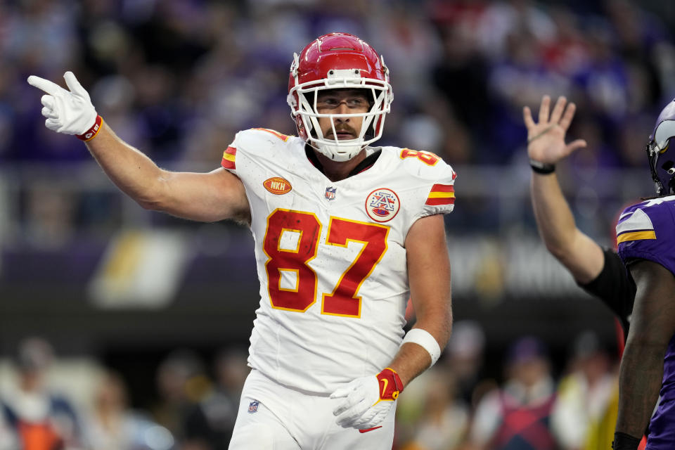 Kansas City Chiefs tight end Travis Kelce (87) reacts after a first down during the second half of an NFL football game against the Minnesota Vikings, Sunday, Oct. 8, 2023, in Minneapolis. The Chiefs won 27-20. (AP Photo/Abbie Parr)