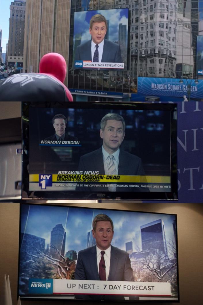 News anchor Pat Kiernan appearing on screens in &quot;Spider-Man: Far From Home,&quot; &quot;The Amazing Spider-Man 2,&quot; and &quot;Hawkeye.&quot;