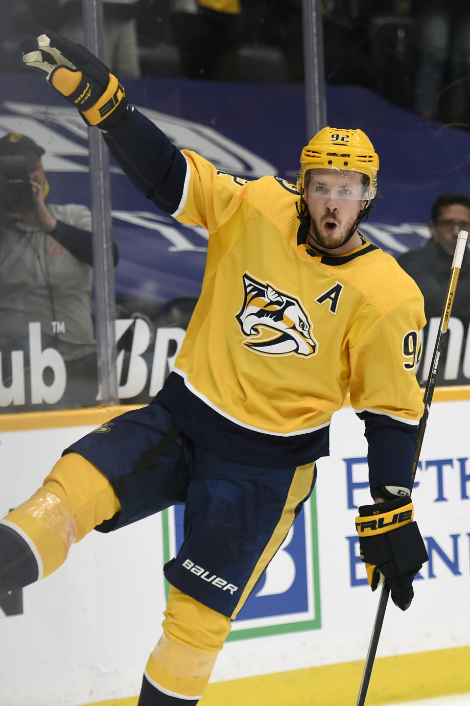 Nashville Predators center Ryan Johansen (92) celebrates after scoring a goal against the Carolina Hurricanes during the second period of an NHL hockey game Monday, May 10, 2021, in Nashville, Tenn. (AP Photo/Mark Zaleski)