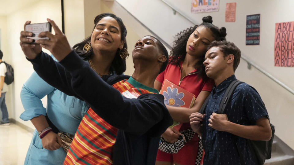 (L To R) Jessica Marie Garcia as Jasmine, Brett Gray as Jamal, Sierra Capri as Monse, and Jason Genao as Ruby in Episode 2 of On My Block.