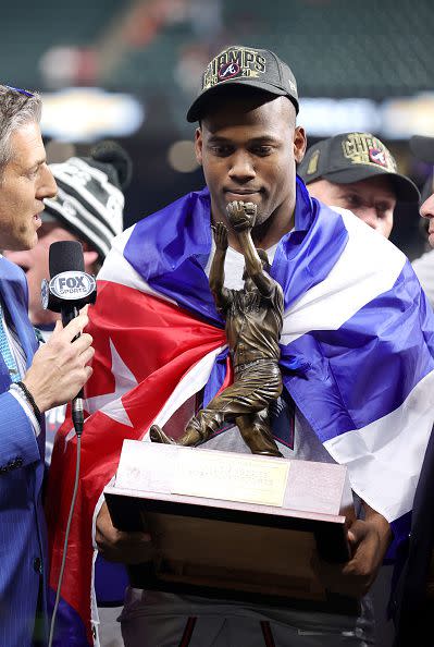 HOUSTON, TEXAS - NOVEMBER 02:  Jorge Soler #12 of the Atlanta Braves is named the MVP following the team's 7-0 victory against the Houston Astros in Game Six to win the 2021 World Series at Minute Maid Park on November 02, 2021 in Houston, Texas. (Photo by Carmen Mandato/Getty Images)