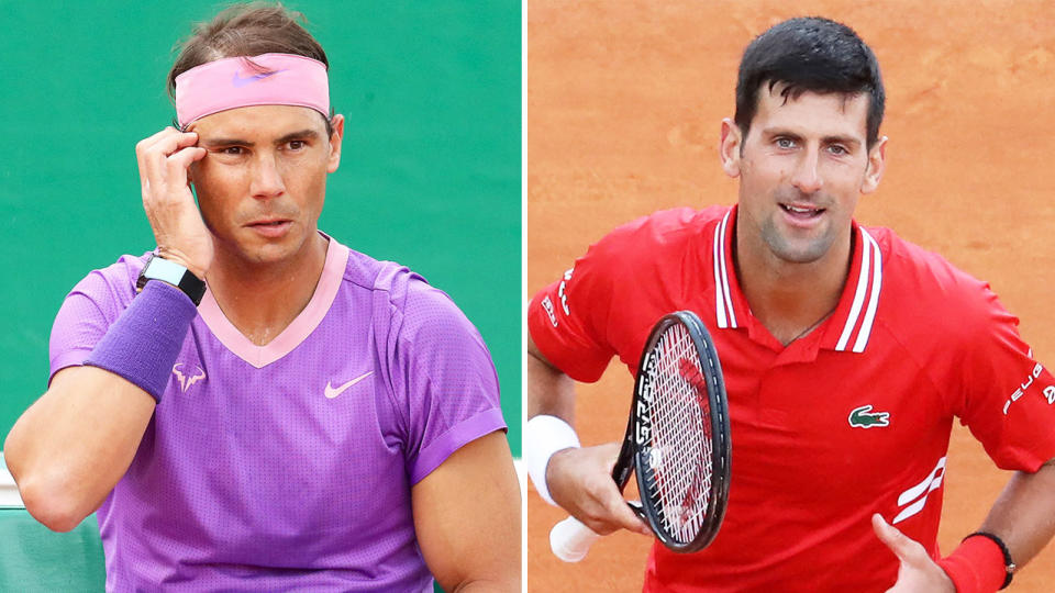 Rafael Nadal (pictured left) during changeover and Novak Djokovic (pictured right) celebrating his victory.