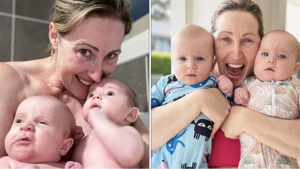 Jana Pittman is pictured with her newborn twins, Willow and Quinlan.