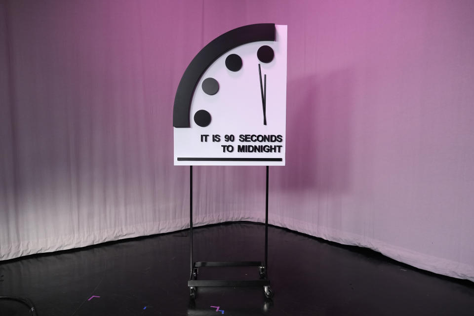 The Bulletin of the Atomic Scientists announces the latest decision on the "Doomsday Clock" minute hand, Tuesday, Jan. 23, 2024, at the National Press Club Broadcast Center, in Washington. This year, Jan. 2024, the clock will remain set to 90 seconds to midnight. (AP Photo/Jacquelyn Martin)