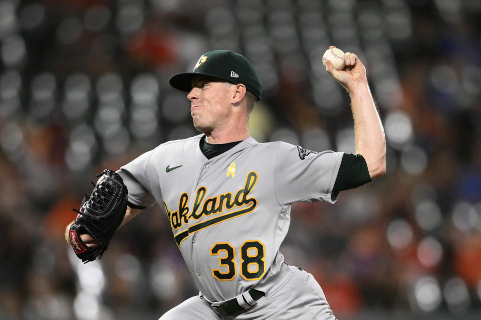 Oakland Athletics starting pitcher JP Sears throws during the third inning of the team's baseball game against the Baltimore Orioles, Friday, Sept. 2, 2022, in Baltimore. (AP Photo/Nick Wass)