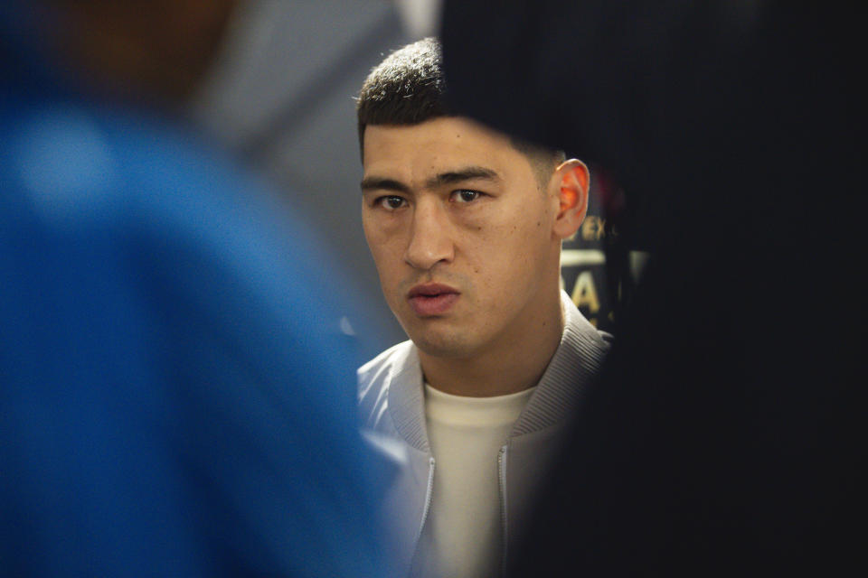 SAN DIEGO, CA - MARCH 02: Boxer Dmitry Bivol speaks with the media following at the press conference announcing the May 7th Canelo Alvarez v Dmitry Bivol fight at the Sheraton Hotel on March 2, 2022 in San Diego, California. (Photo by Matt Thomas/Getty Images)  ***Local Caption***