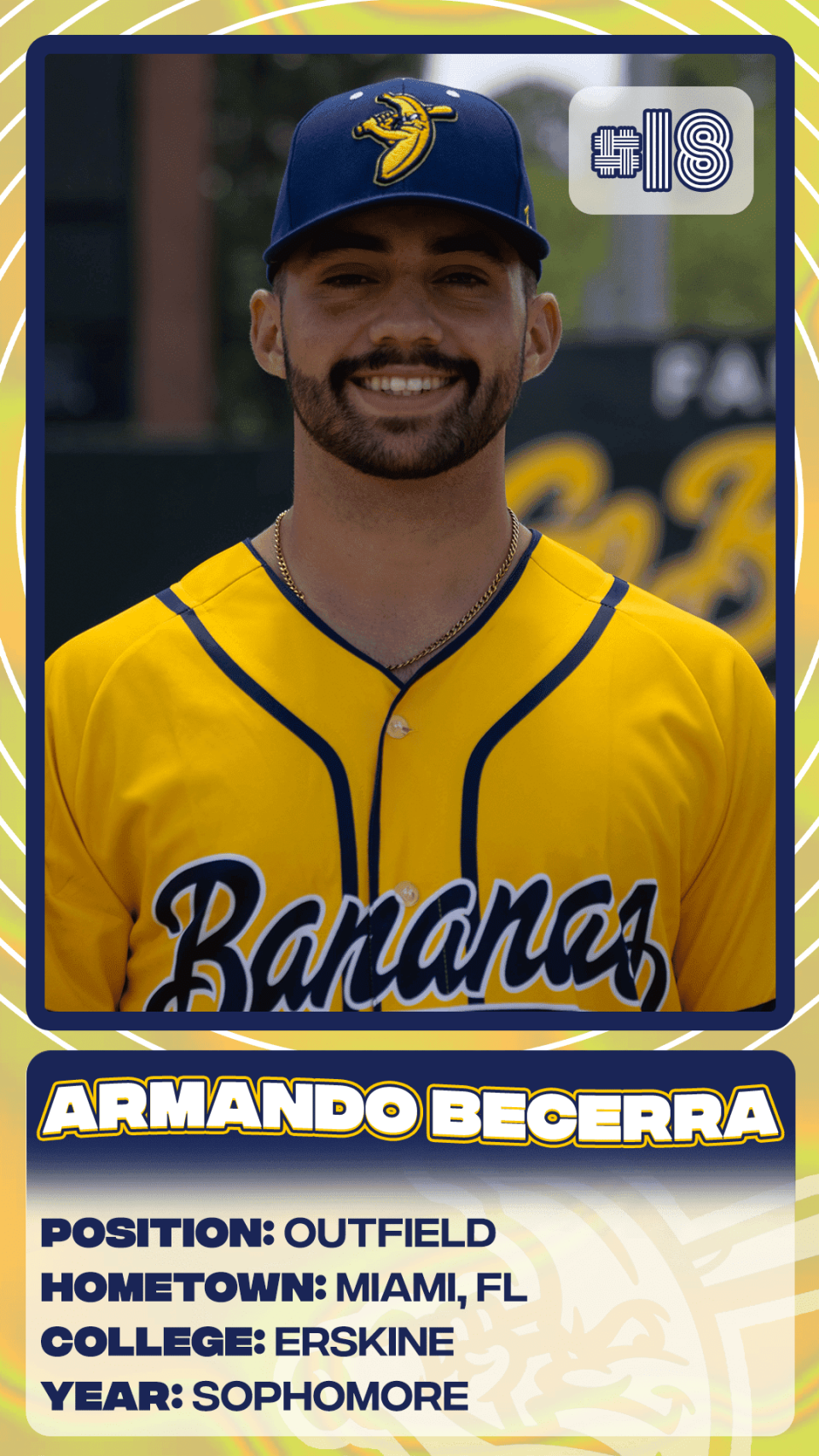 Savannah Bananas outfielder Armando Becerra of Erskine College.