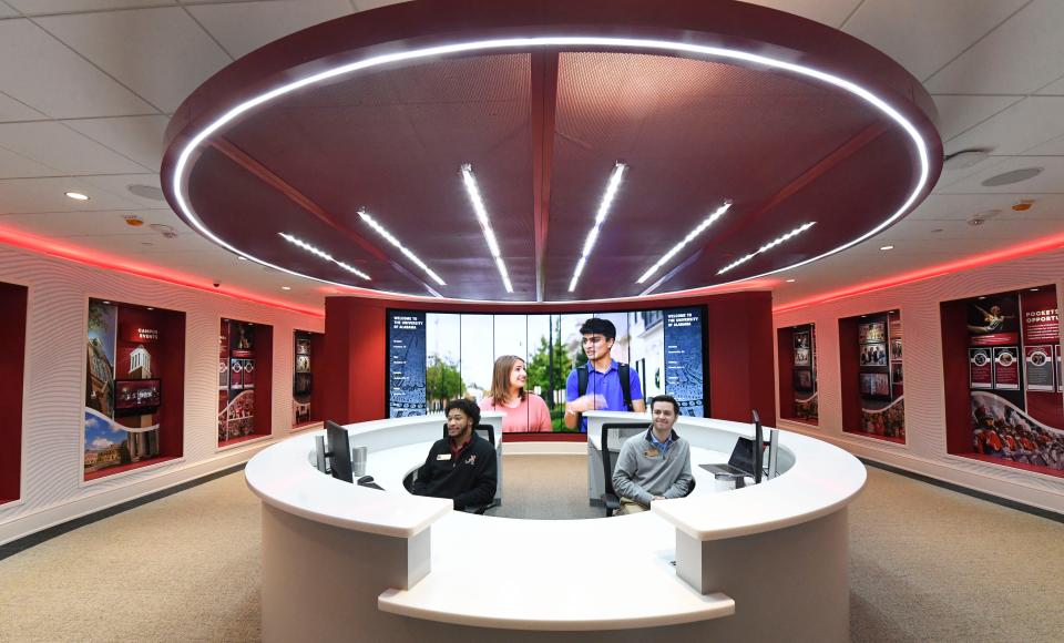 Jan 18, 2024; Tuscaloosa, Alabama, USA; Josh Bozeman and Blake Bullock sit in a reception area that is dedicated to student recruitment inside the University of Alabama’s Randall Welcome Center.