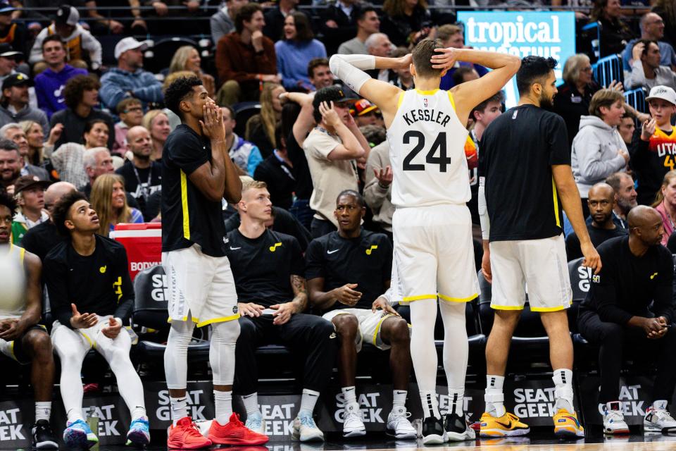 Utah Jazz players on the bench react in the final quarter of the NBA basketball game between the Utah Jazz and Orlando Magic at the Delta Center in Salt Lake City on Thursday, Nov. 2, 2023. Orlando Magic won the game 115-113. | Megan Nielsen, Deseret News