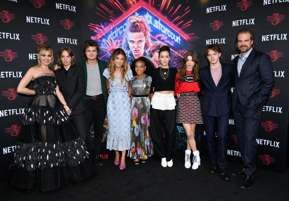 NEW YORK, NEW YORK - NOVEMBER 11: (L-R) Cara Buono, Maya Hawke, Joe Keery, Millie Bobbie Brown, Priah Ferguson,  Carmen Cuba, Natalia Dyer, Charlie Heaton and David Harbour attend a "Stranger Things" Season 3 New York Screening at DGA Theater on November 11, 2019 in New York City. (Photo by Dia Dipasupil/Getty Images)