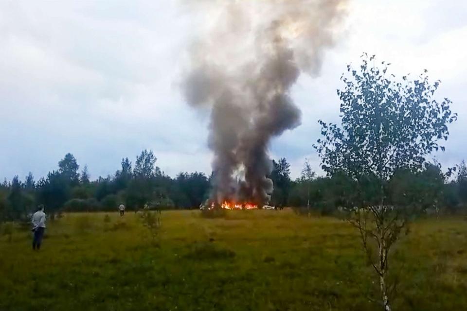 PHOTO: In this image taken from video, smoke rises from the crash of a private jet near the village of Kuzhenkino in the Tver region of Russia, on Wednesday, Aug. 23, 2023. (AP, FILE)