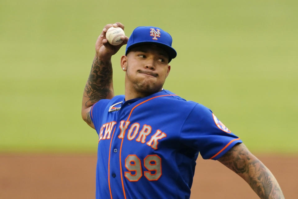 New York Mets starting pitcher Taijuan Walker (99) delivers in the second inning of a baseball game against the Atlanta Braves, Monday, May 17, 2021, in Atlanta. (AP Photo/John Bazemore)