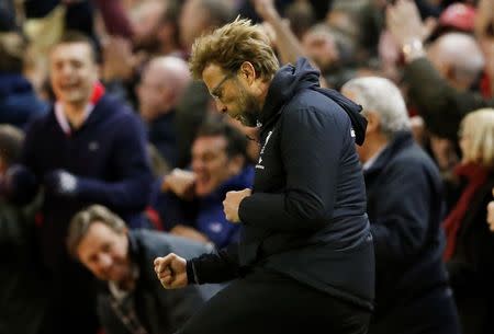 Football Soccer - Liverpool v Everton - Barclays Premier League - Anfield - 20/4/16 Liverpool manager Juergen Klopp celebrates after Mamadou Sakho scored their second goal Action Images via Reuters / Carl Recine