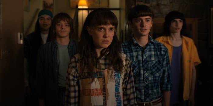 Eduardo Franco, Charlie Heaton, Millie Bobby Brown, Noah Schnapp and Finn Wolfhard in Stranger Things Season 4