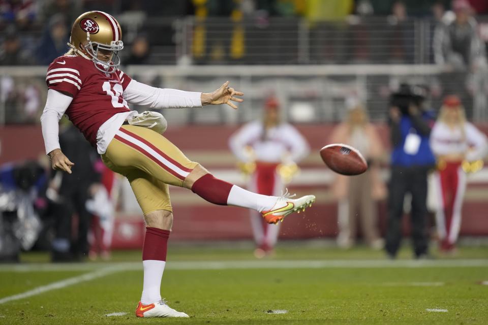 San Francisco 49ers punter <a class="link " href="https://sports.yahoo.com/nfl/players/31942/" data-i13n="sec:content-canvas;subsec:anchor_text;elm:context_link" data-ylk="slk:Mitch Wishnowsky;sec:content-canvas;subsec:anchor_text;elm:context_link;itc:0">Mitch Wishnowsky</a> (18) punts during an NFL football game against the <a class="link " href="https://sports.yahoo.com/nfl/teams/green-bay/" data-i13n="sec:content-canvas;subsec:anchor_text;elm:context_link" data-ylk="slk:Green Bay Packers;sec:content-canvas;subsec:anchor_text;elm:context_link;itc:0">Green Bay Packers</a> Sunday, Jan. 21, 2024, in Inglewood, Calif. | Ashley Landis, Associated Press