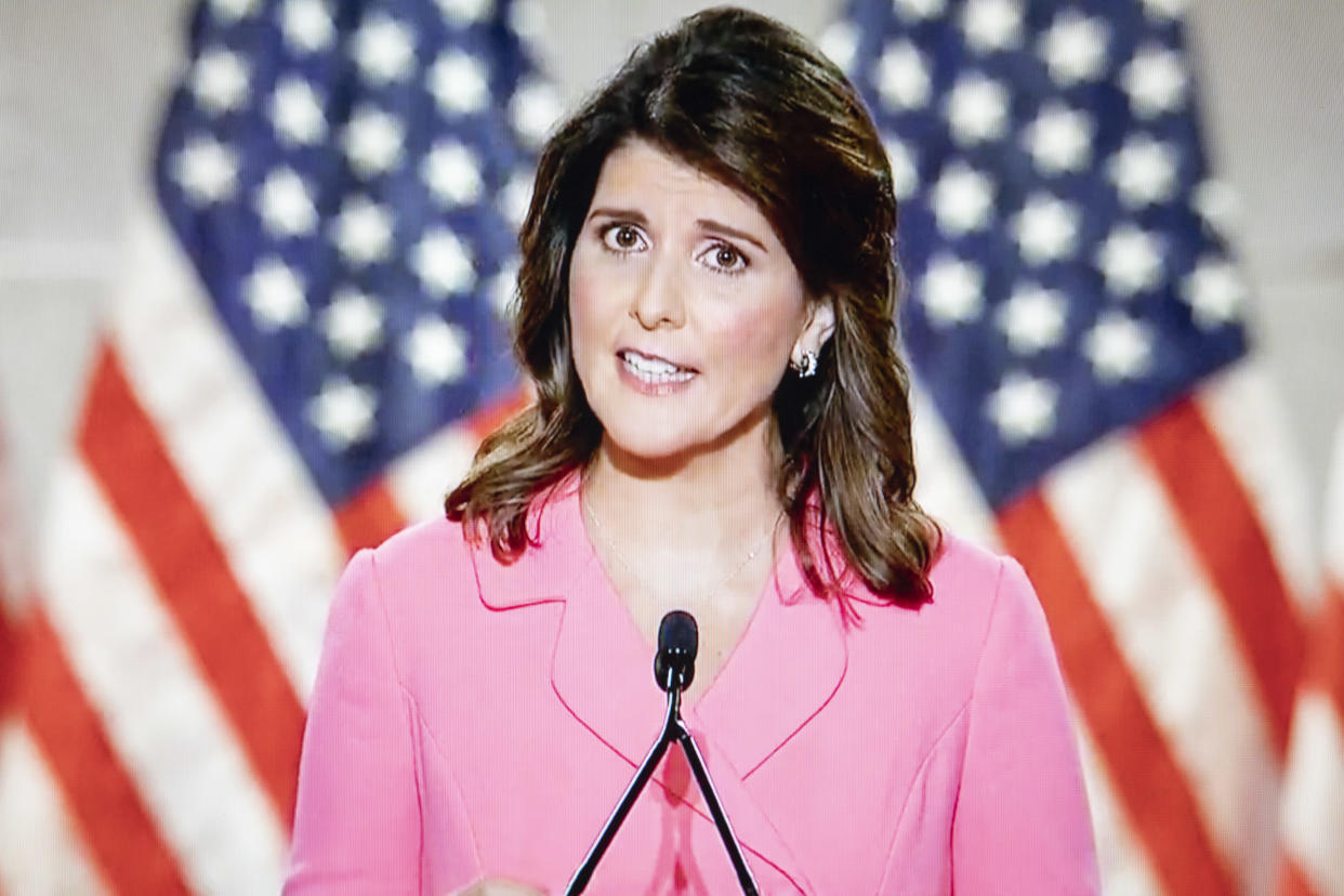 Nikki Haley, former ambassador to the United Nations, speaks during the Republican National Convention seen on a laptop computer in Tiskilwa, Illinois, U.S., on Monday, Aug. 24, 2020. (Daniel Acker/Bloomberg via Getty Images)