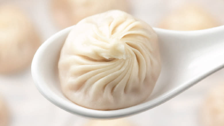 Asian dumpling on white spoon