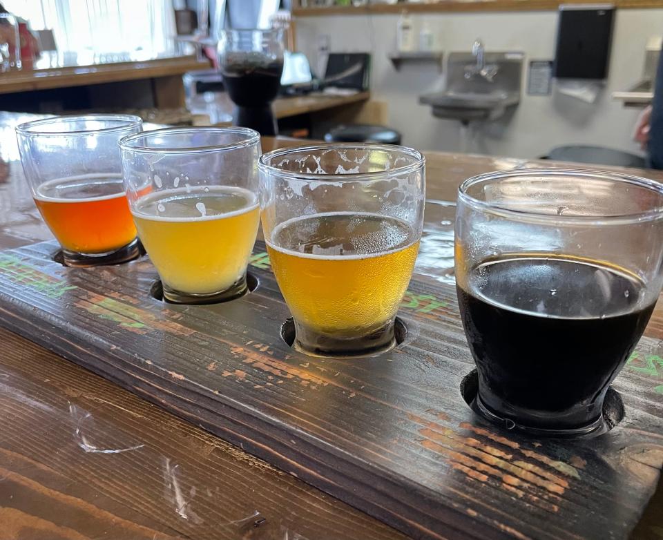 A flight of beers from Loaded Dice Brewery in Troy, Mich. Hef's Smoking Jacket (second from left), a hefeweizen, is a standout.
