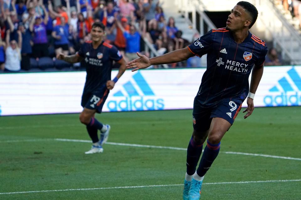 FC Cincinnati forward Brenner (9) celebrates a goal in the first half of an MLS soccer game against New York City FC, Wednesday, June 29, 2022, at TQL Stadium in Cincinnati.