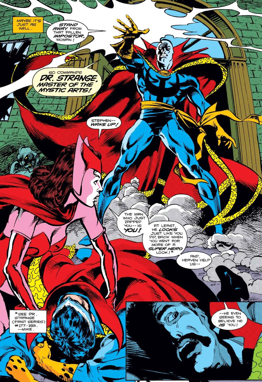 Doctor Strange and the Scarlet Witch fight the Necromancer.