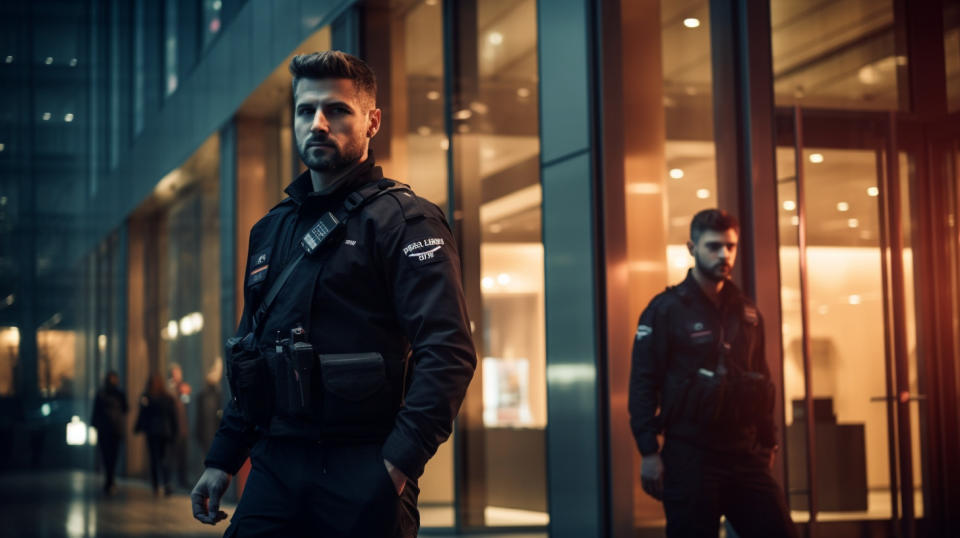 Security guards in uniforms patrolling an area, standing for the company's safe and secure facilities.