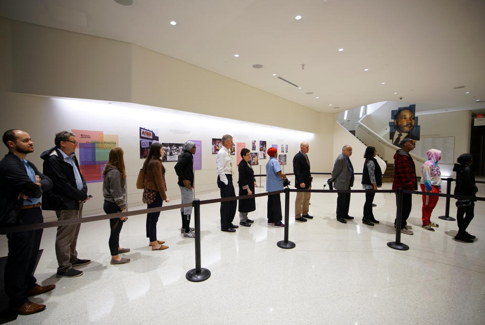 Voters wait in a line inside the Center for Civil and Human Rights in Atlanta, Georgia.